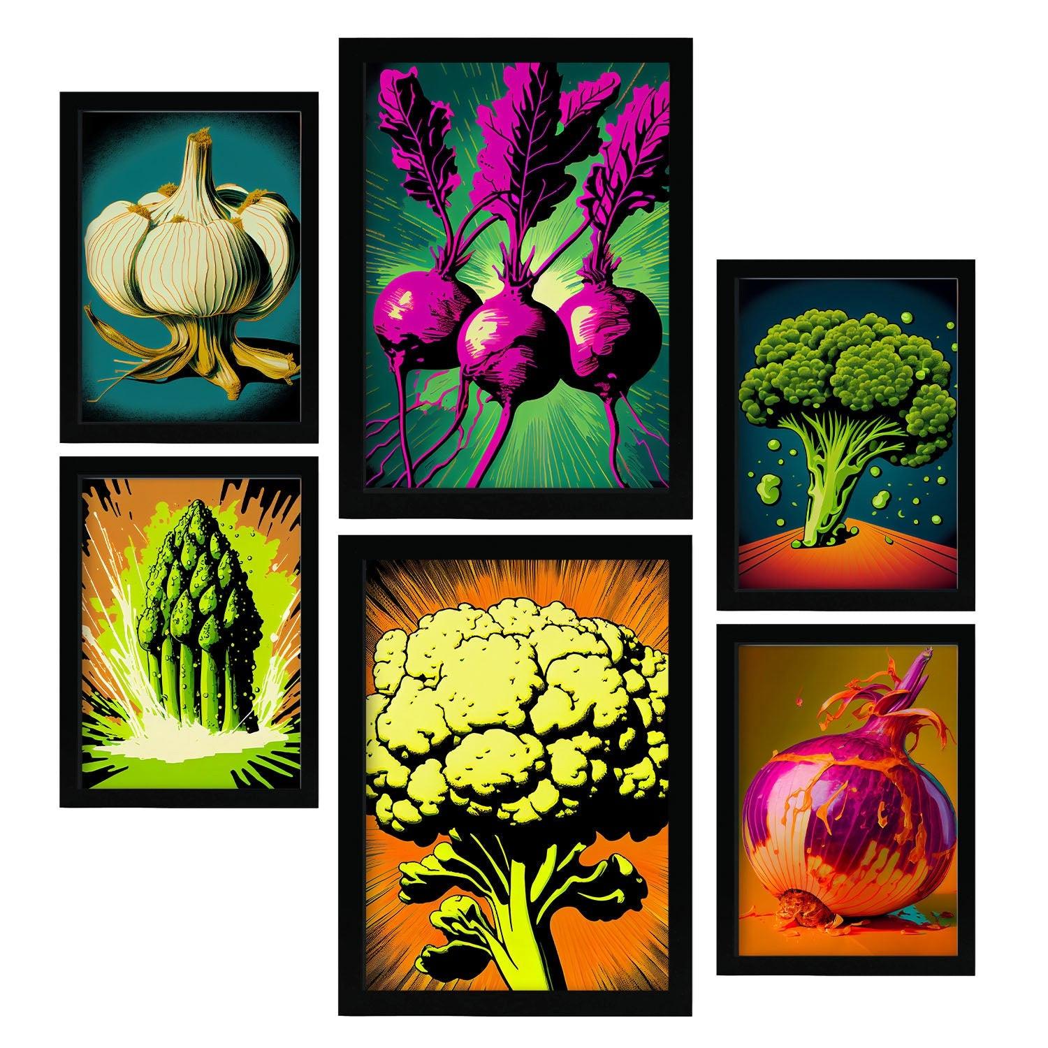 POSTER Set Mit 6 Kraftvolles Gemüse Vollfarbige Plakate Von Obst, Gemüse Und Gesunden Lebensmitteln Im Urban Art Stil A3 & A4 Schwarzer Rahmen - Schwarz, Papier (29/3cm) - Nacnic