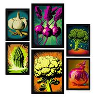 POSTER Set Mit 6 Kraftvolles Gemüse Vollfarbige Plakate Von Obst, Gemüse Und Gesunden Lebensmitteln Im Urban Art Stil A3 & A4 Schwarzer Rahmen - Schwarz, Papier (29/3cm) - Nacnic