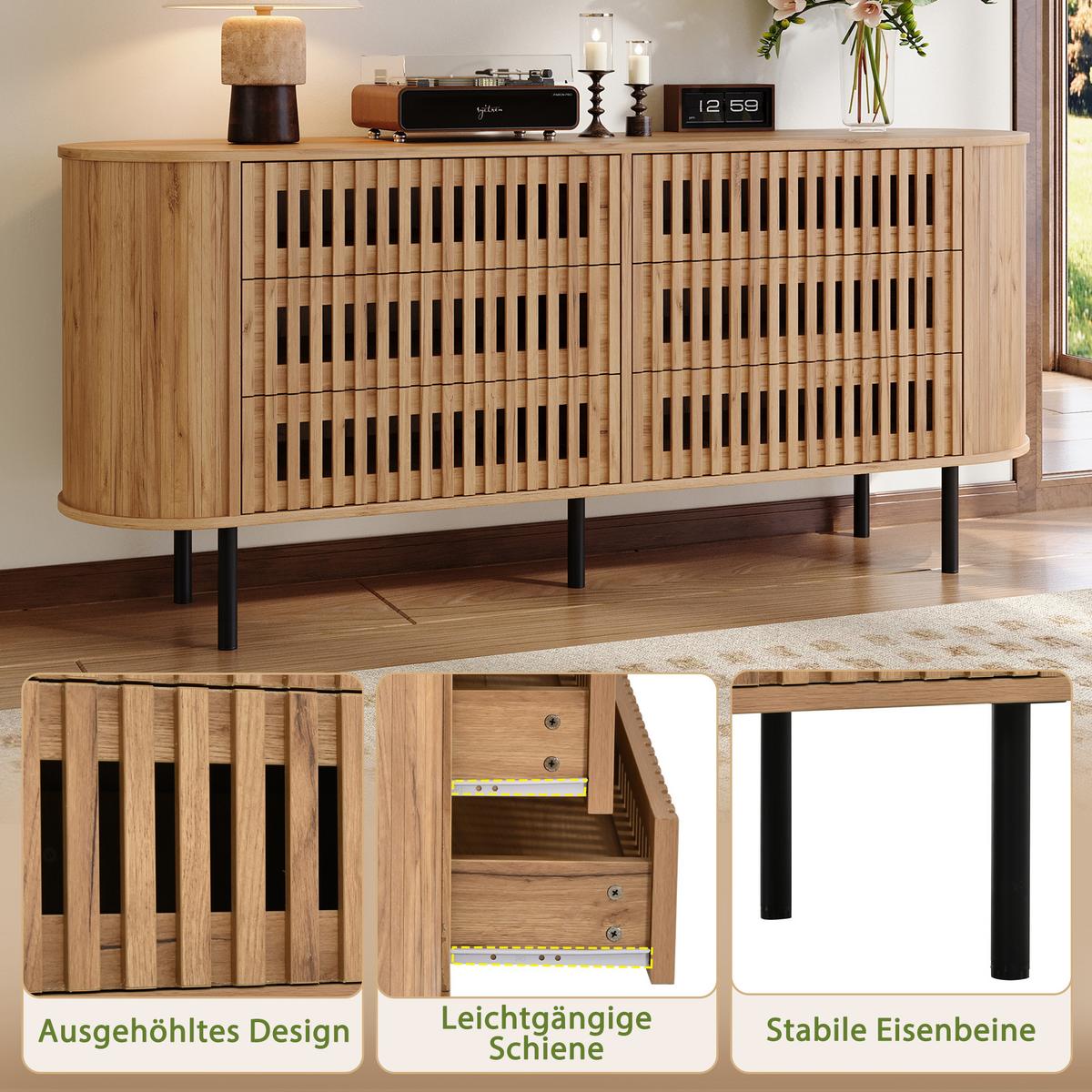 SIDEBOARD 160cm Lamellen-Design 6 Schubladen Metallfüße Kommode - Naturfarben, Holzwerkstoff (160/70/40cm) - Urban Meuble