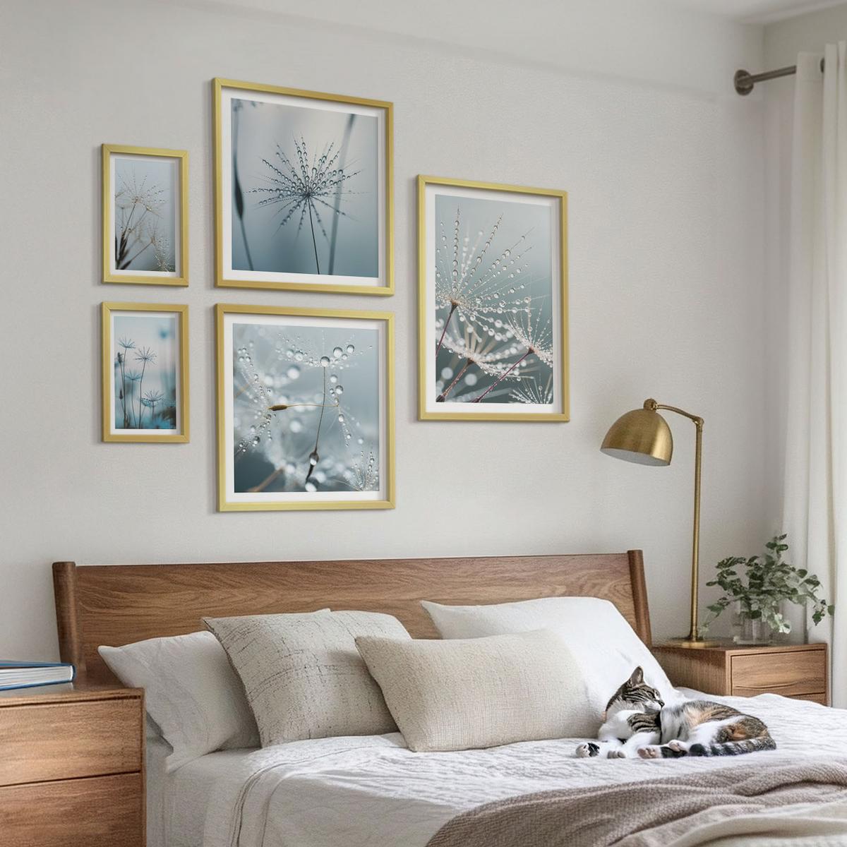 BILDER SET 5er Set - 50x50 cm & 20x30 cm & 40x60 cm Goldrahmen - Tautropfen auf Löwenzahn - Goldfarben, Kunststoff (40/60cm) - TULUP
