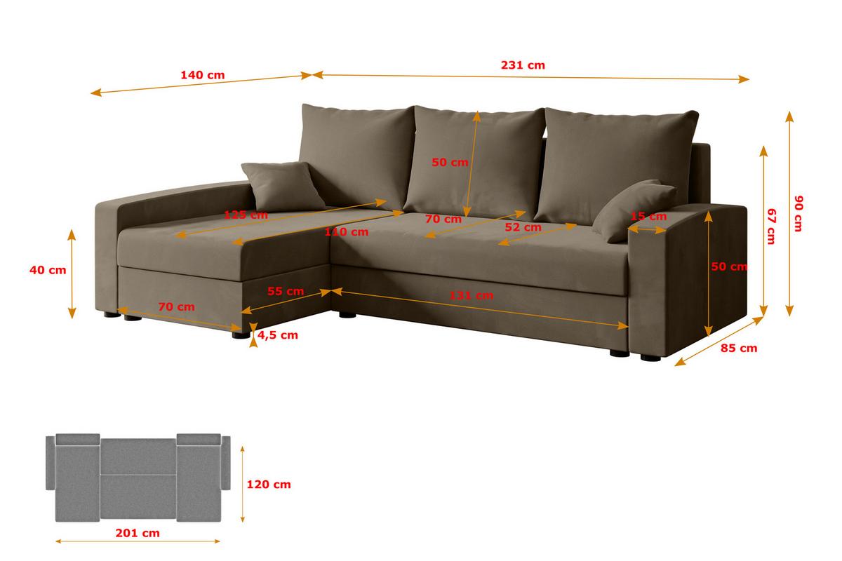 ECKSOFA mit Schlaffunktion und Bettkasten ALESIA-L 231x140x90 cm Braun Velours - Silberfarben/Braun, Holzwerkstoff/Kunststoff (231/140cm) - ALTDECOR