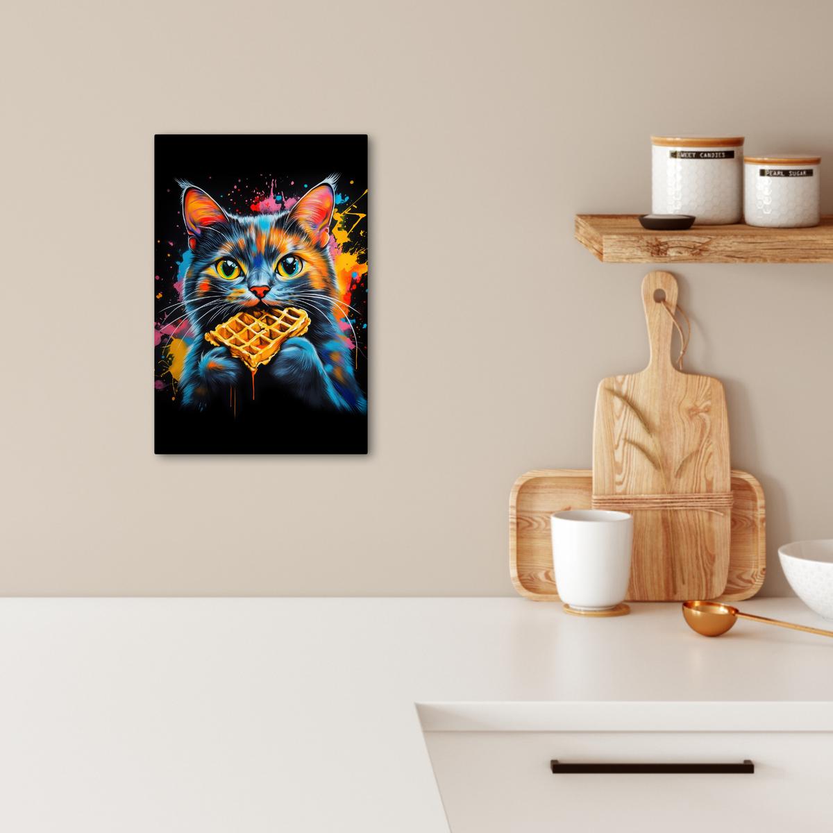LEINWANDBILD Katze - Graffiti - Bunt - Waffel - Essen Deko Wohnzimmer 20x30 cm - Türkis, Textil (20/30cm) - MuchoWow