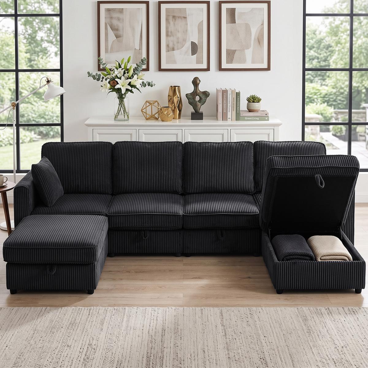 ECKSOFA Cord Dunkelgrau - Dunkelgrau/Schwarz, Kunststoff/Textil (153/306cm) - HOMCOM