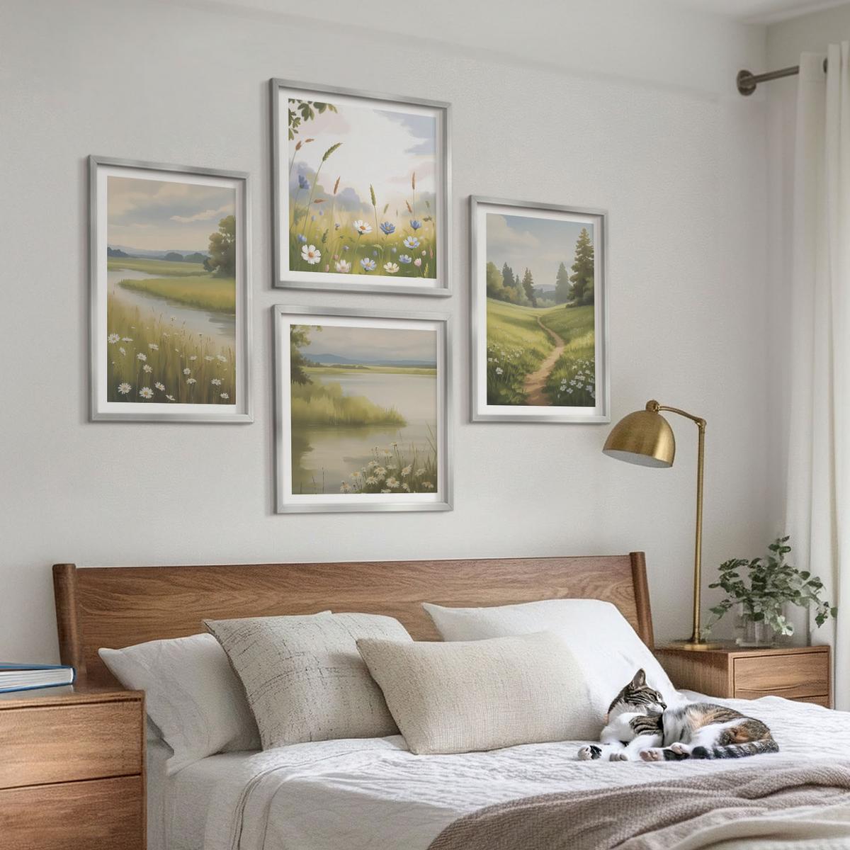 BILDER SET 4er Set - 50x50 cm & 40x60 cm Silberner Rahmen - Frühlingslandschaft Flusswiese - Silberfarben, Kunststoff (50/50cm) - TULUP