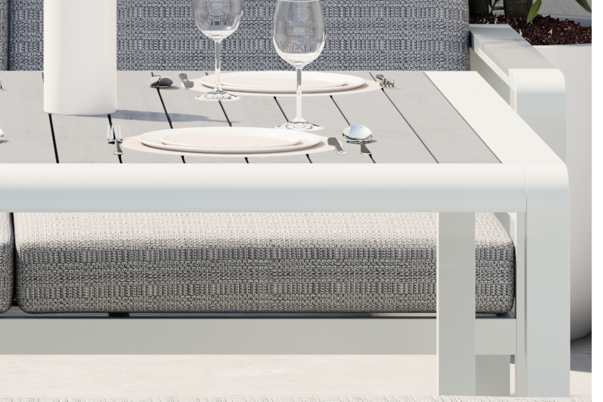 Dining Loungeset Tisch weiß Aluminium pulverbeschichtet Tischplatte Hellgrau Lamellen Polywood matt