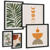 BILDER SET 5er Set - 50x50 cm & 20x30 cm & 40x60 cm Schwarzer Rahmen - Abstrakte Blattformen - Schwarz, Kunststoff (40/60cm) - TULUP