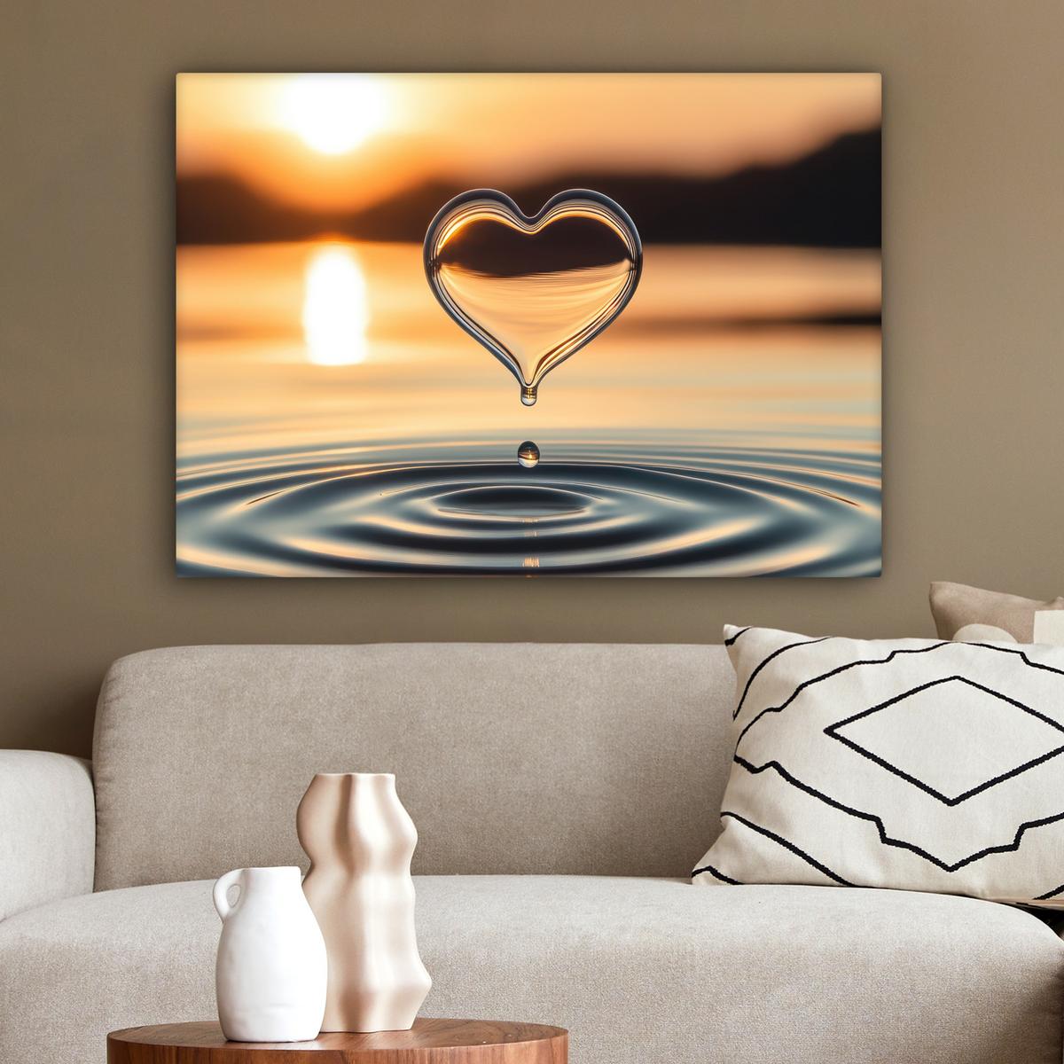 LEINWANDBILD Herz - Wasser - Sonnenuntergang - Natur - Zen Wandbilder 80x60 cm - Bernsteinfarben, Textil (80/60cm) - MuchoWow