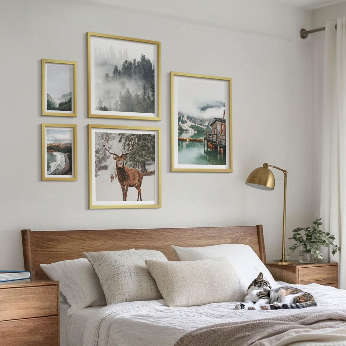 BILDER SET 5er Set - 50x50 cm & 20x30 cm & 40x60 cm Goldrahmen - Bergstrände Wolken Wasser - Goldfarben, Kunststoff (40/60cm) - TULUP