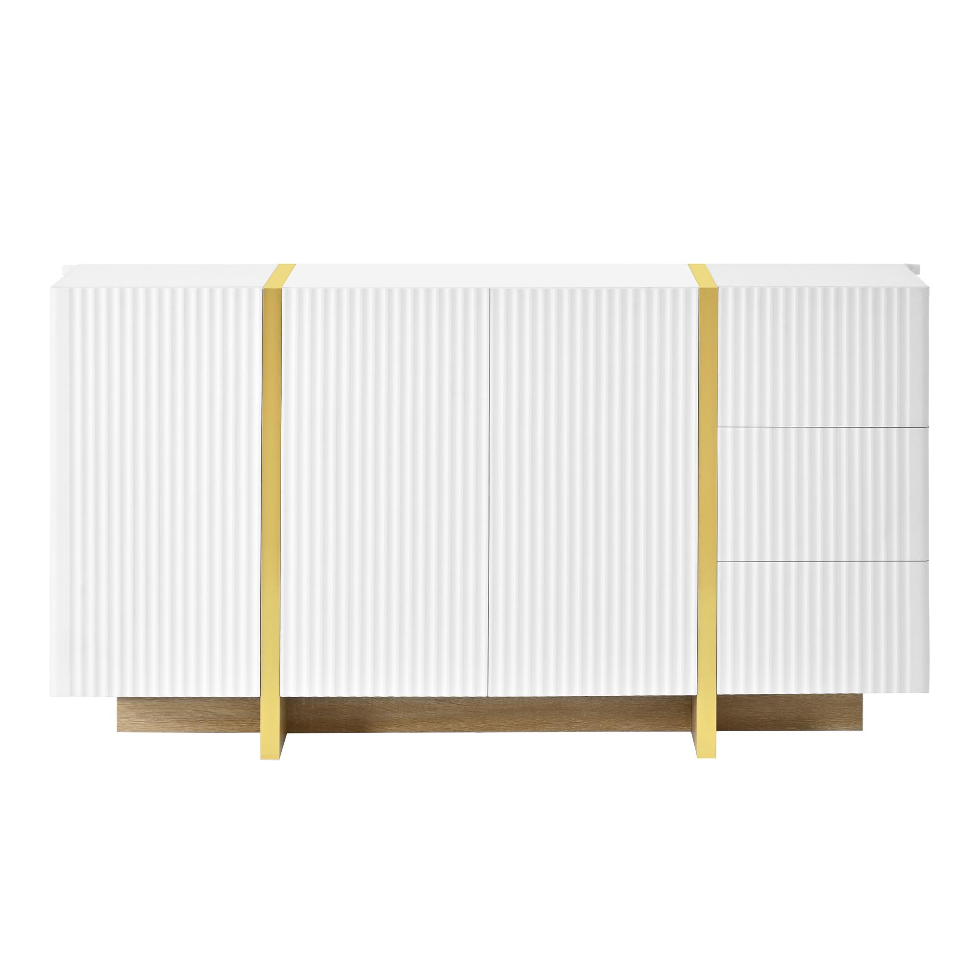 SIDEBOARD Weiß 140cm Rillenfront mit 3 Türen 3 Schubladen & Gold-Details - Weiß, Holzwerkstoff (140/75/36cm) - Urban Meuble