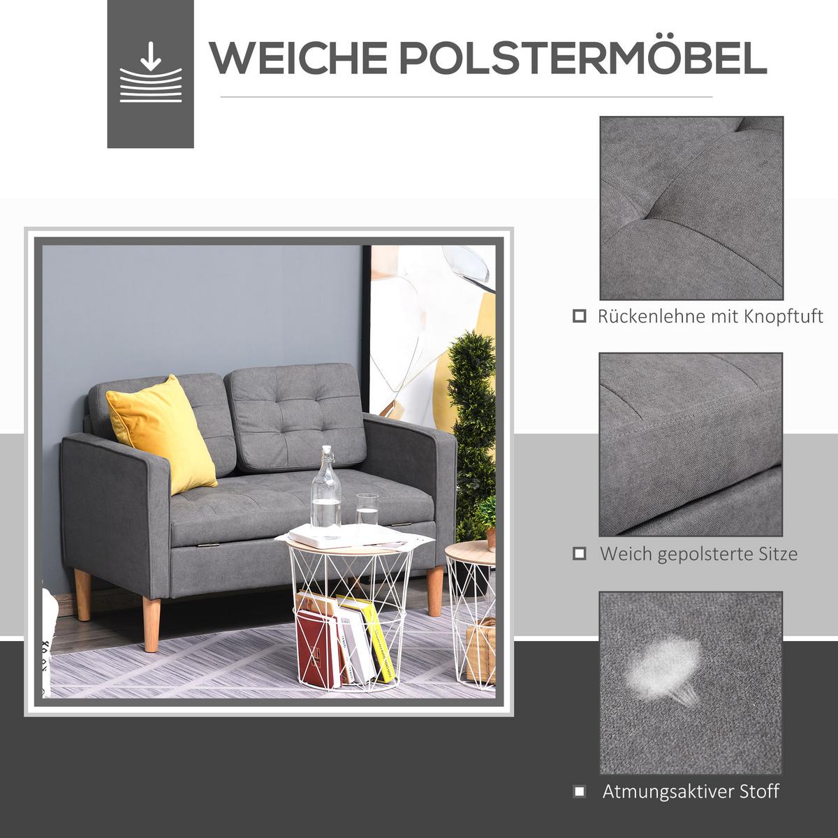 2-SITZER Sofa Stoffsofa Doppelsofa abnehmbar mit Kissen Gummiholz Baumwoll Grau - Naturfarben/Grau, Holz/Textil (62/78/117cm) - HOMCOM