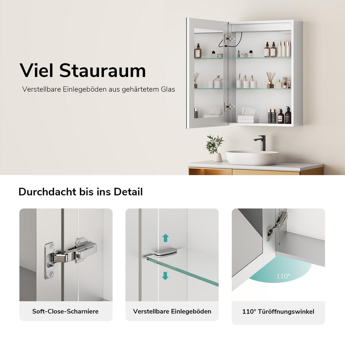 SPIEGELSCHRANK mit Beleuchtung Weiß 70/50 cm - Weiß, Metall (50/70/14.5cm) - EMKE