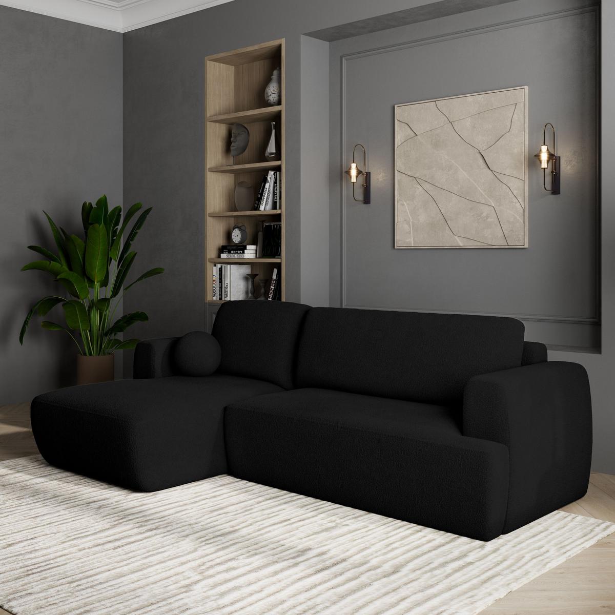 ECKSOFA SENTI N L-S Schwarz Boucle-Stoff mit Schlaffunktion - Schwarz, Holz/Kunststoff (246/148cm) - MASSENO