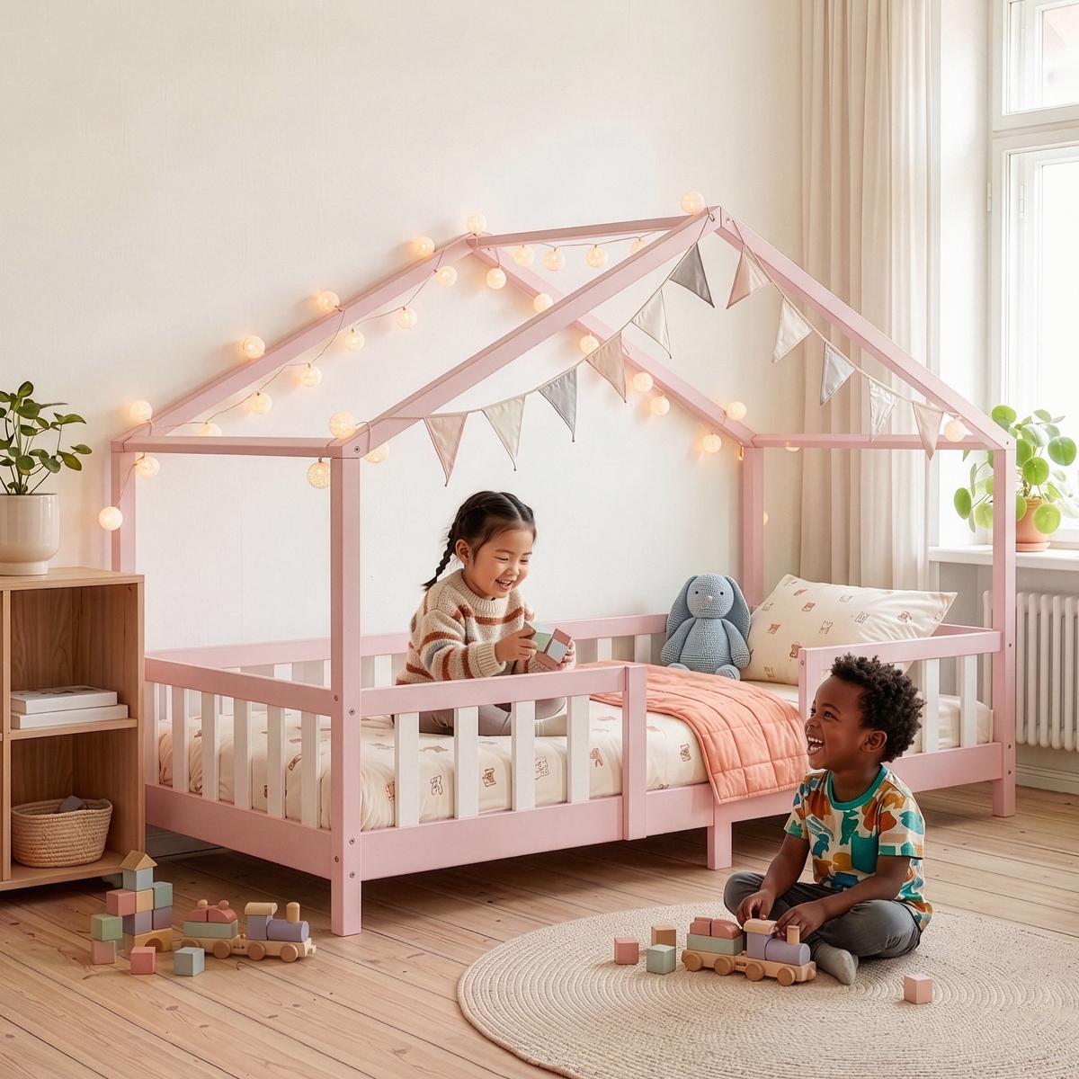 HAUSBETT Treviolo - Hellrosa/Weiß, Holz (90/200cm) - [en.casa]