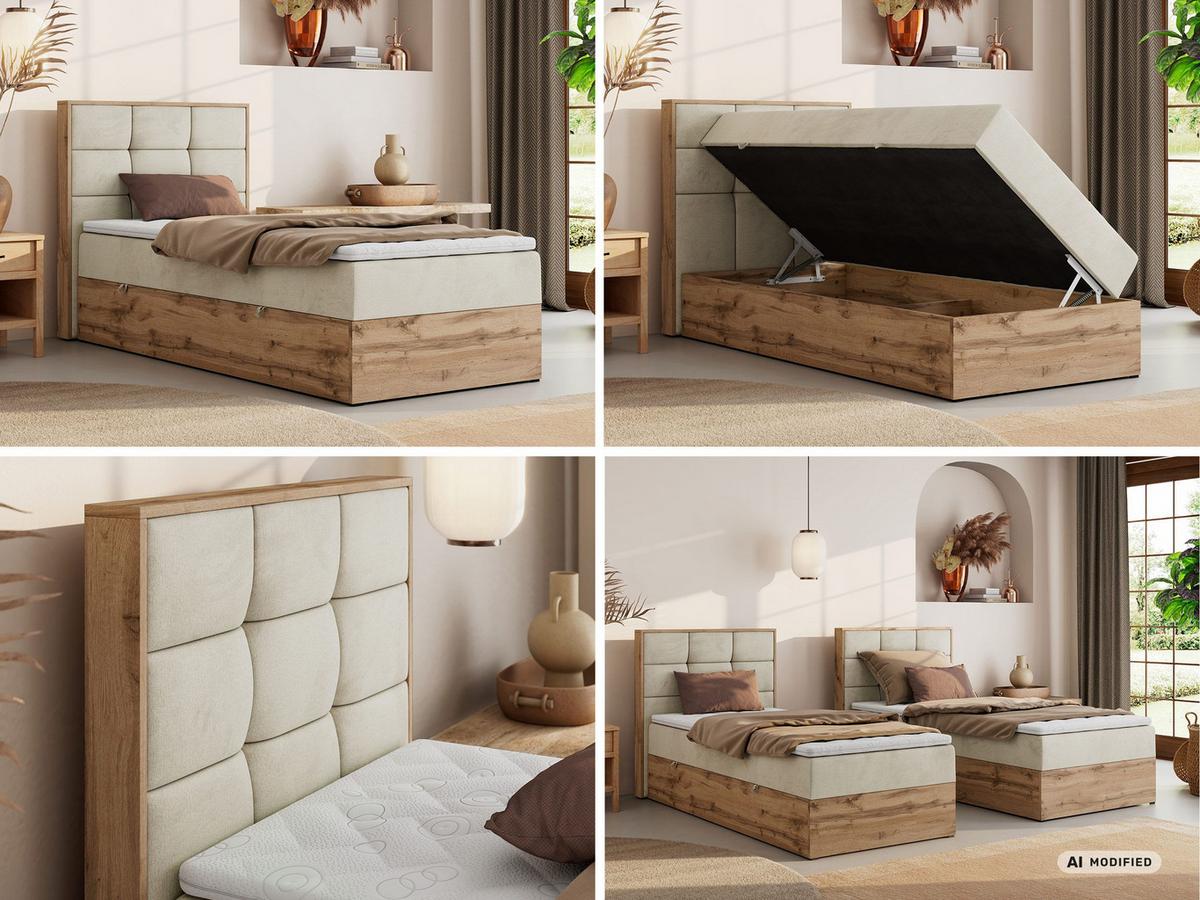 BOXBETT ALBERO 1 90/200 - Beige Velvet - Topper T25 - H4 - Links - Beige/Schwarz, Kunststoff/Textil (90/200cm) - MKS