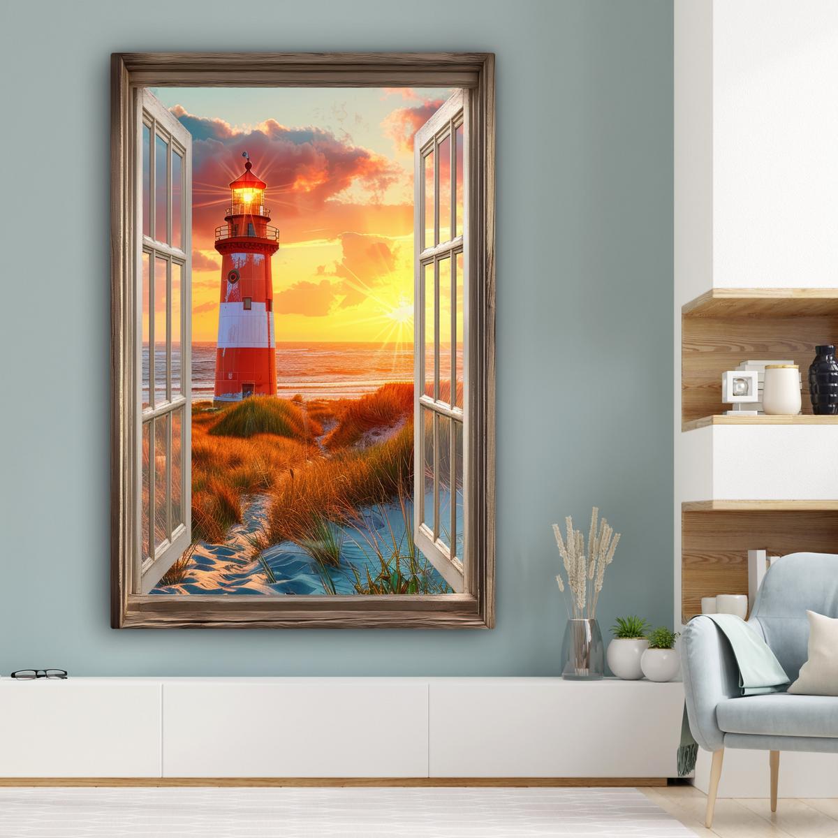 LEINWANDBILD Aussicht - Fenster - Leuchtturm - Sonnenuntergang - Strand Deko Groß 90x140 cm - Dunkelorange, Textil (90/140cm) - MuchoWow