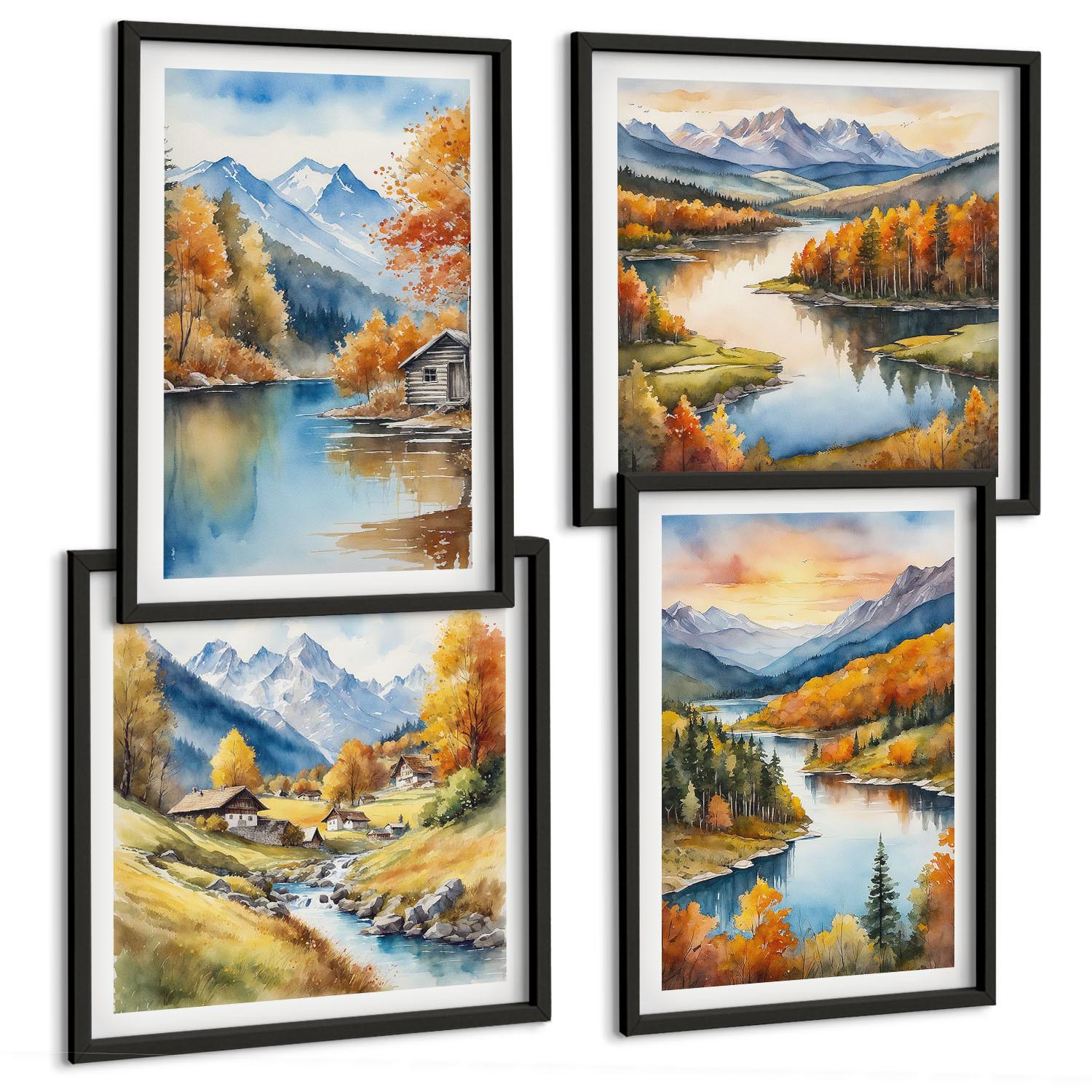 BILDER SET 4er Set - 50x50 cm & 40x60 cm Schwarzer Rahmen - Herbstliche Berge, Flusshütte - Schwarz, Kunststoff (50/50cm) - TULUP