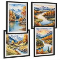 BILDER SET 4er Set - 50x50 cm & 40x60 cm Schwarzer Rahmen - Herbstliche Berge, Flusshütte - Schwarz, Kunststoff (50/50cm) - TULUP