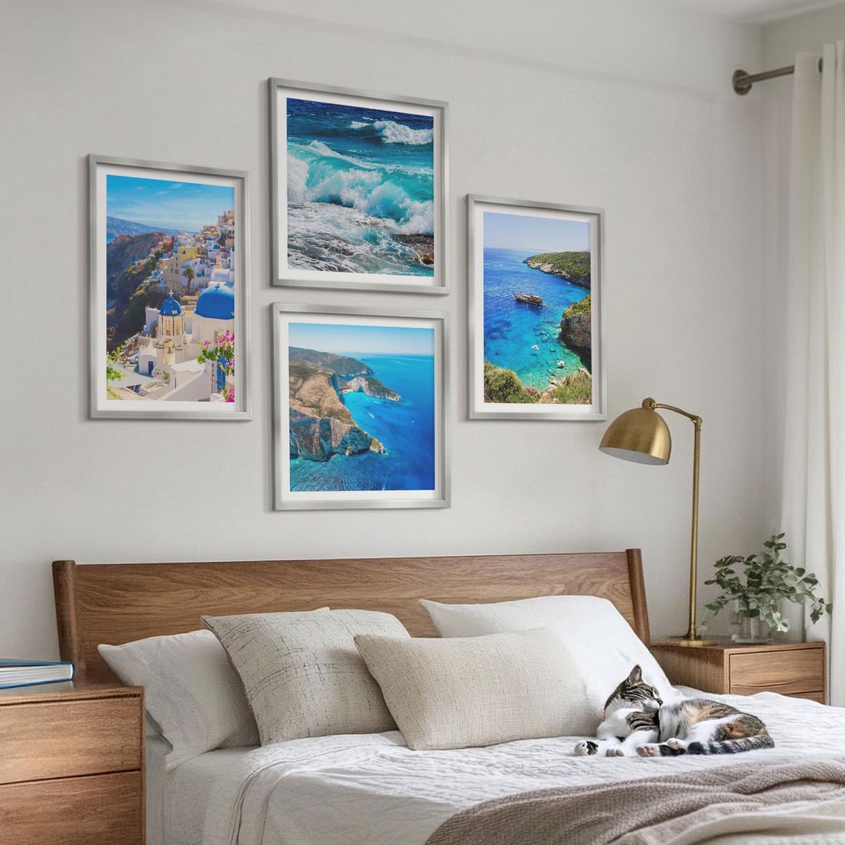 BILDER SET 4er Set - 50x50 cm & 40x60 cm Silberner Rahmen - Griechische Ansichten von Santorin Oia - Silberfarben, Kunststoff (50/50cm) - TULUP