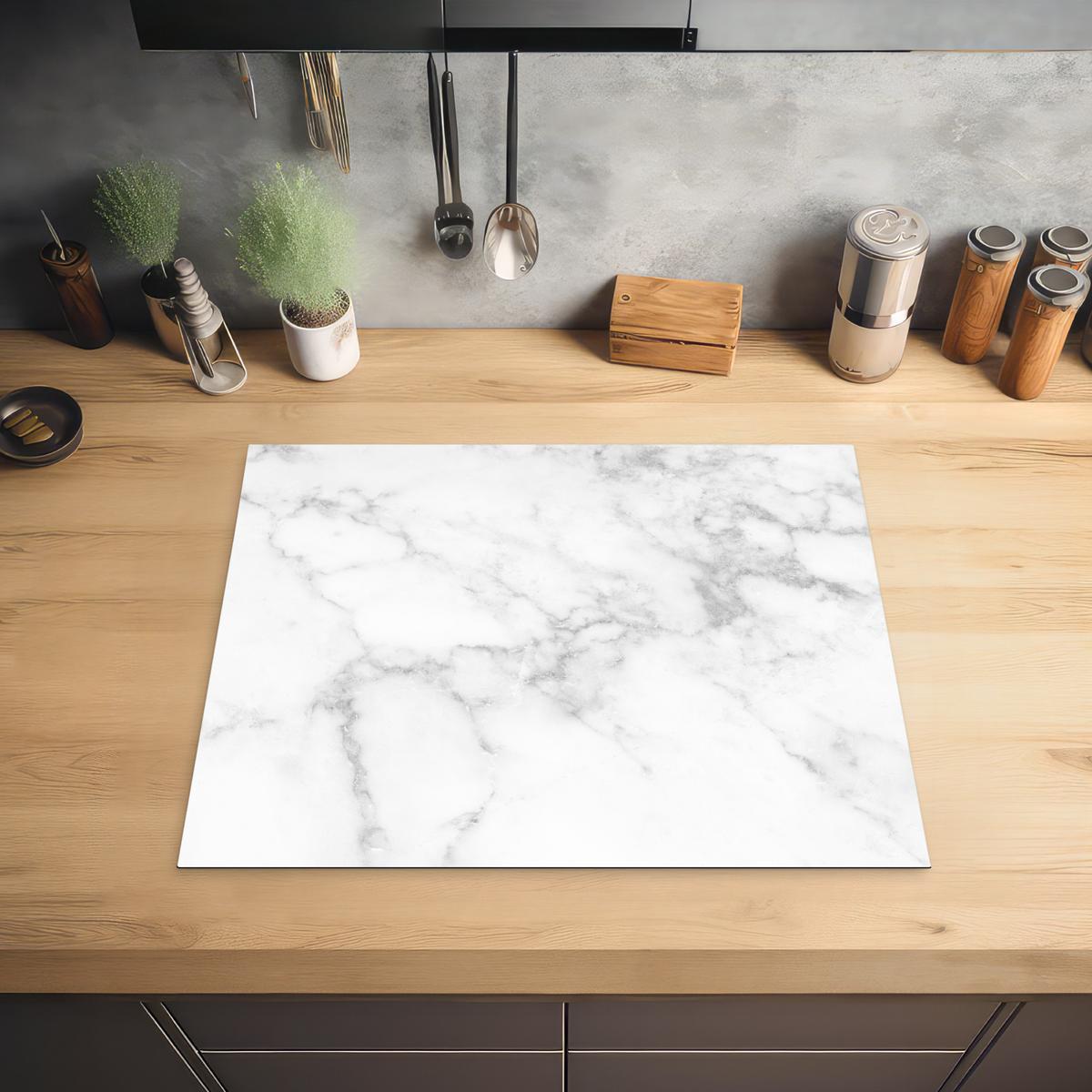 HERDABDECKPLATTE Marmor - Grau - Weiß - Strukturierter Marmor Herdabdeckung Induktionsfeld 65x52 cm - Weiß, Kunststoff (65/52/0.2cm) - MuchoWow