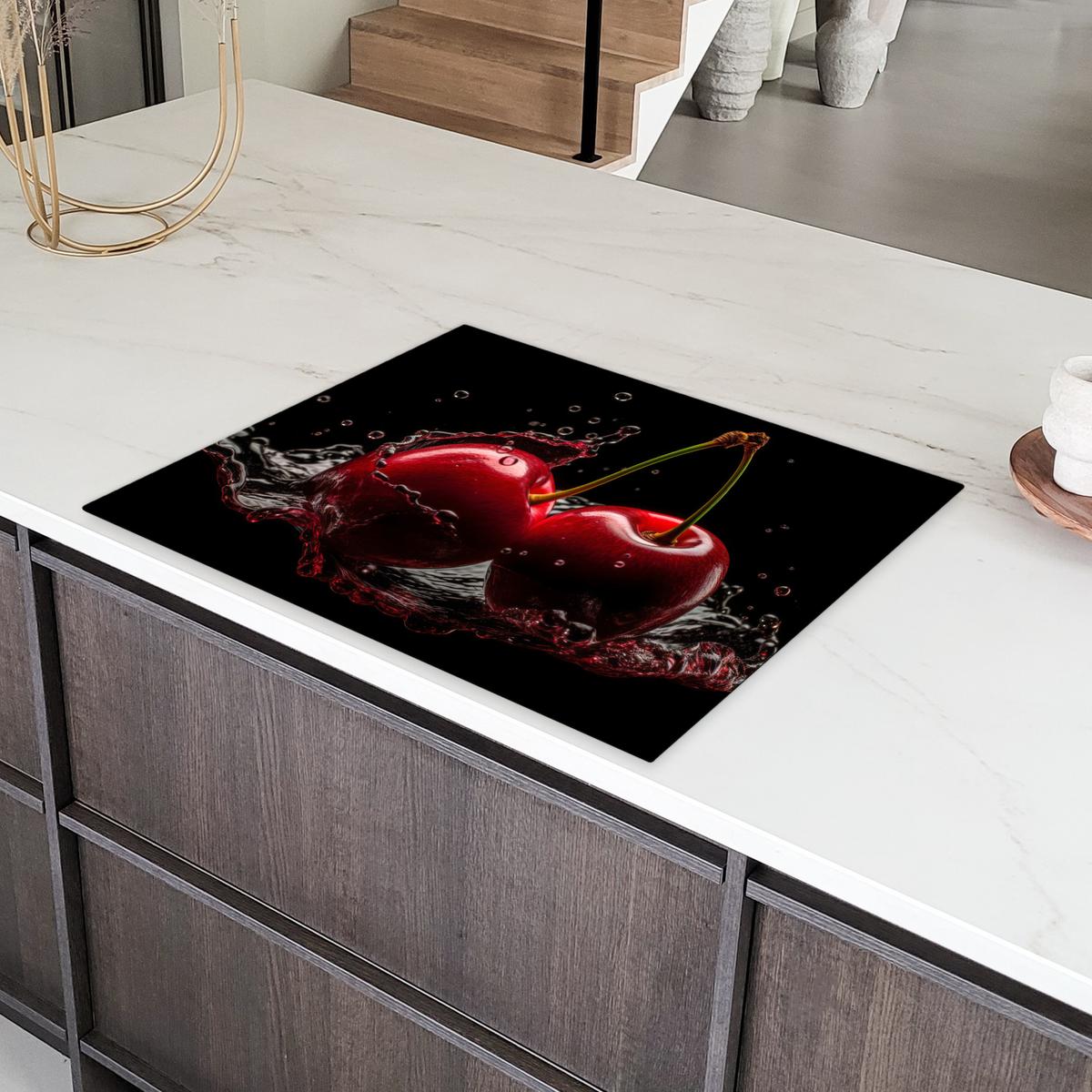 HERDABDECKPLATTE Kirsche - Rot - Frucht - Wasser - Schwarz Induktionsmatte 77x59 cm - Kirschrot, Kunststoff (77/59/0.2cm) - MuchoWow