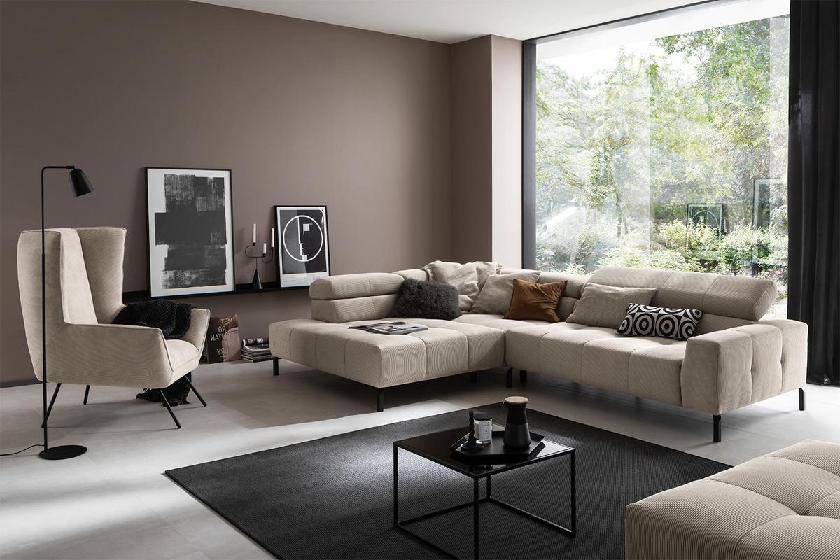ECKSOFA MIT MOTORISCHEM SITZVORZUG OHIO Beige Cord Relaxfunktion - Beige/Schwarz, Textil/Metall (311/219cm) - KAWOLA