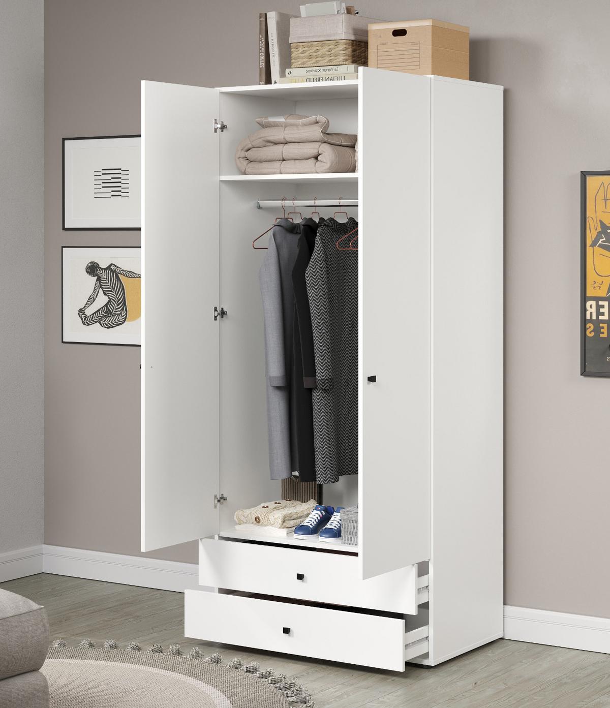KLEIDERSCHRANK weiß 81 x 176 cm, Drehtürenschrank 2-türig mit Schubalden - Schwarz/Weiß, Holzwerkstoff/Kunststoff (81/176/51cm) - Top.Furn