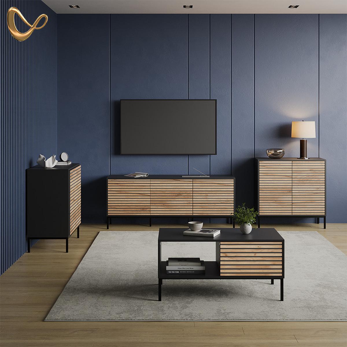 LOWBOARD Aterno Goldkraft Eiche/Anthrazit 150 x 60 cm mit 3 Schubladen - Honigeiche/Anthrazit, Holzwerkstoff (150/60/40cm) - Livinity®