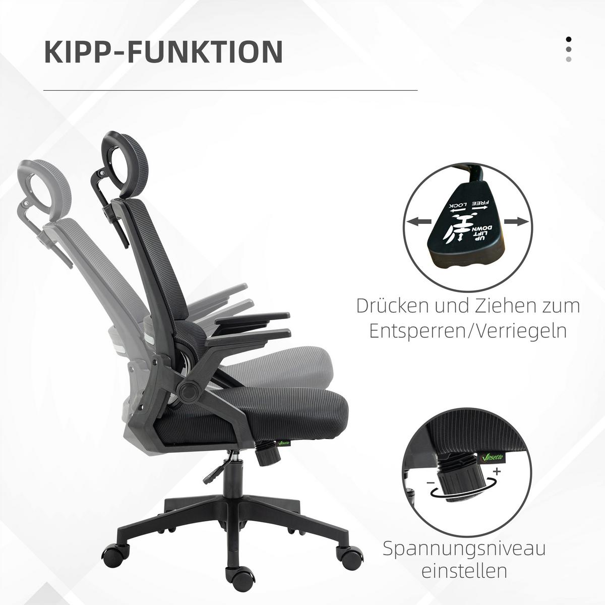 BÜROSTUHL Ergonomisch, Schreibtischstuhl mit Verstellbar Kopfstütze Mesh Schwarz - Schwarz, Textil (61/121.5/60cm) - Vinsetto