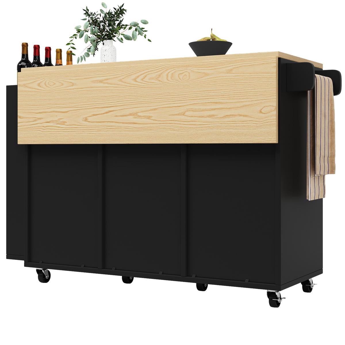 KÜCHENINSEL Schwarz auf Rollen mit Klappbarer Arbeitsplatte & Schiebetüren - Schwarz, Holzwerkstoff (110/90/42cm) - Urban Meuble