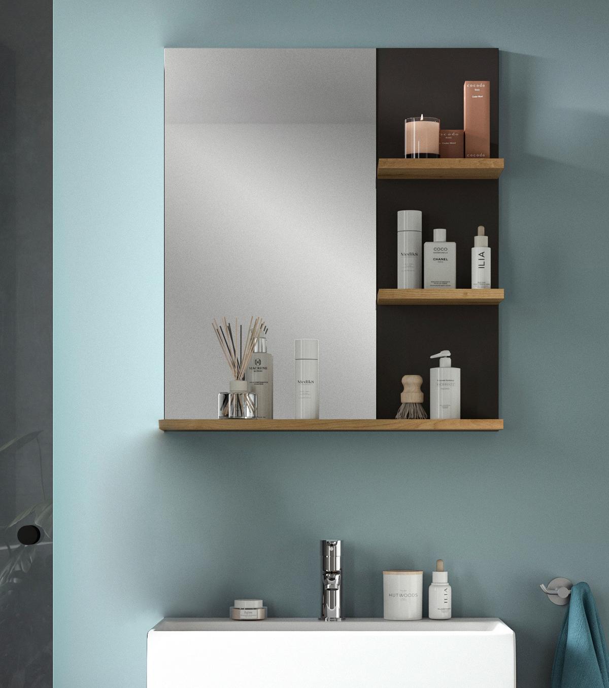 BADSPIEGEL Eiche, grau 63 cm, Wandspiegel mit Ablagen - Eiche Artisan/Grau, Glas/Holzwerkstoff (63/73/16cm) - Inn.Furn