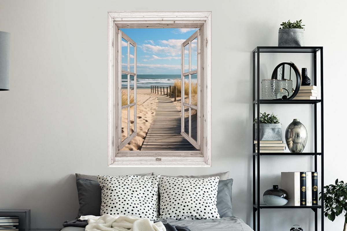WANDTATTOO Fenster - Meer - Küste - Natur - Ausblick - Strand - Wattenmeer Wandaufkleber 80x120 cm - Beige, Kunststoff (80/120/0.1cm) - MuchoWow