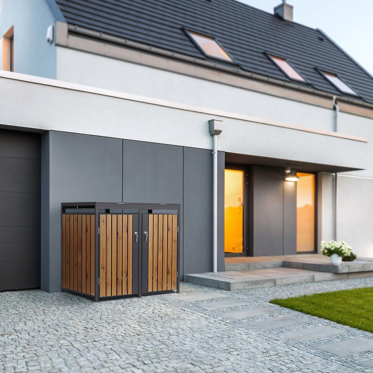 MÜLLTONNENBOX 4er Anthrazit-Holzoptik - Graubraun, Metall (264/120/80cm) - ML-DESIGN