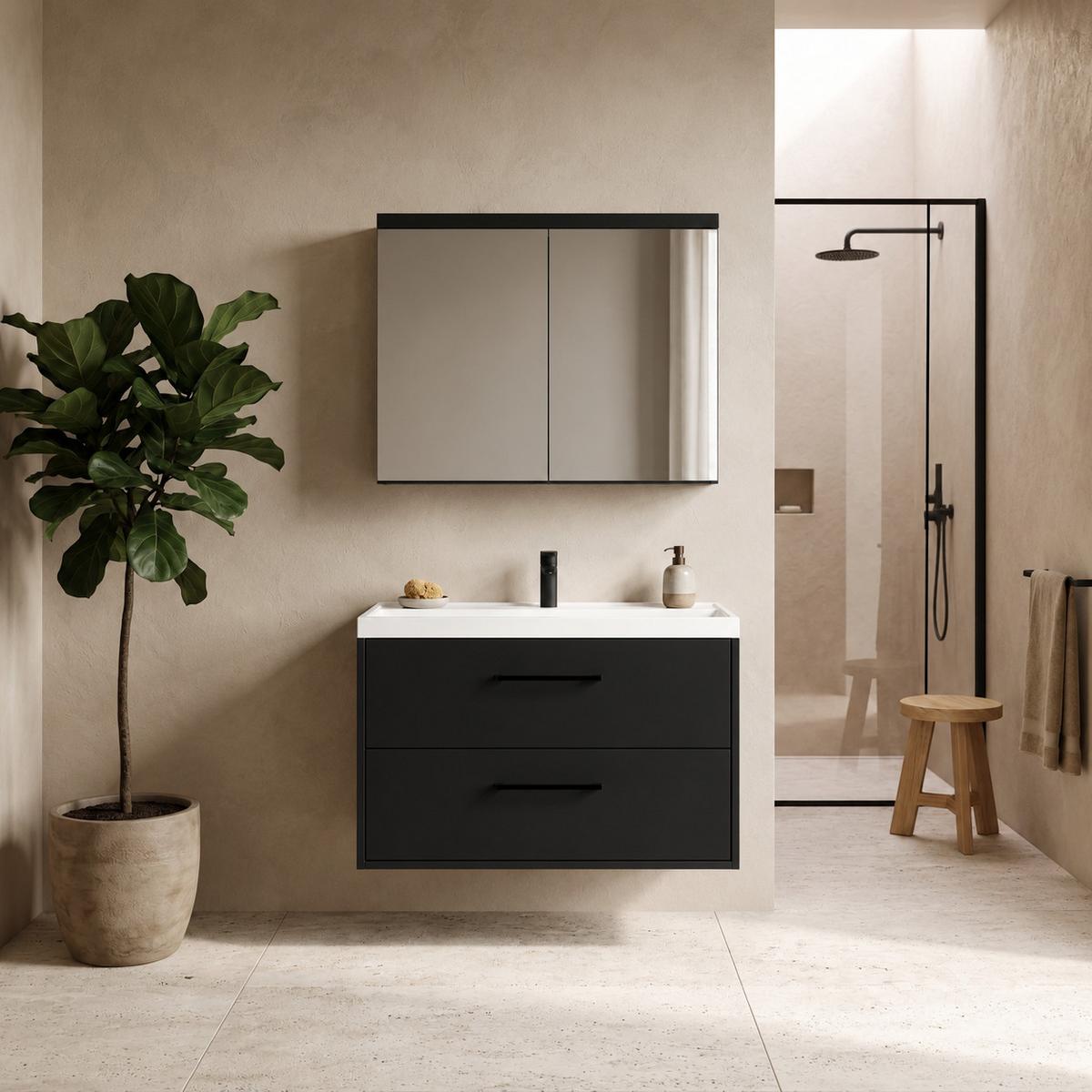 BADMÖBEL-SET Florence 2 Teile Matt Schwarz - 80 x 40 x 51 cm - Schwarz, Holz (80/51/40cm) - Badplaats