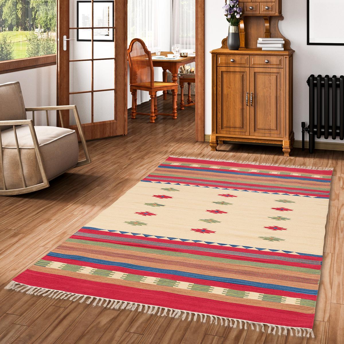 BAUMWOLLE NATUR KELIM TEPPICH LINA TREND - Rot, Textil (200/290cm) - Pergamon