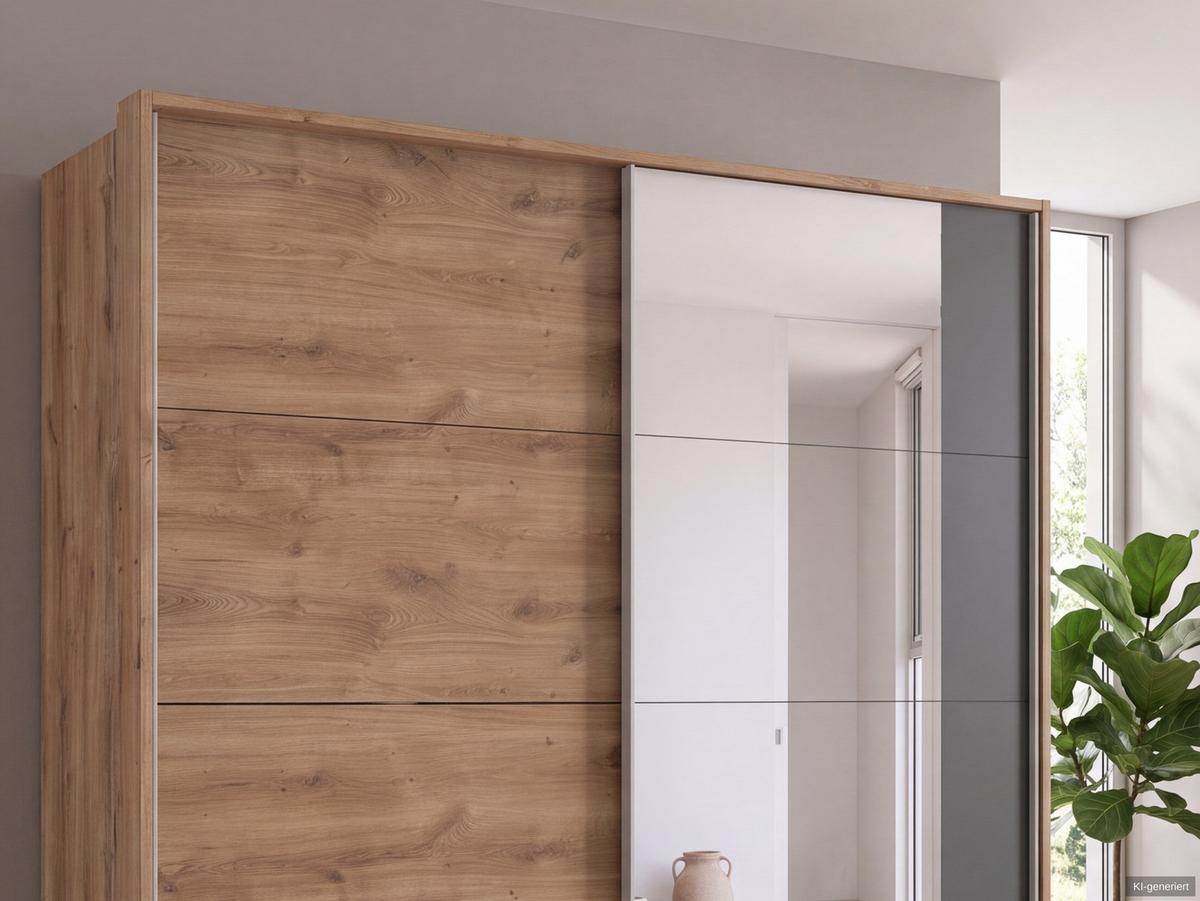 SCHWEBETÜRENSCHRANK 2-türig B183/H200/T65 cm, Passepartout-Kleiderschrank in Eiche Dekor mit Spiegel, 1x Tür & sichtbare Schubkästen in Grafit / 22713 - Eichefarben/Graphitfarben, Holz/Holzwerkstoff (183/200/65cm) - luma-home