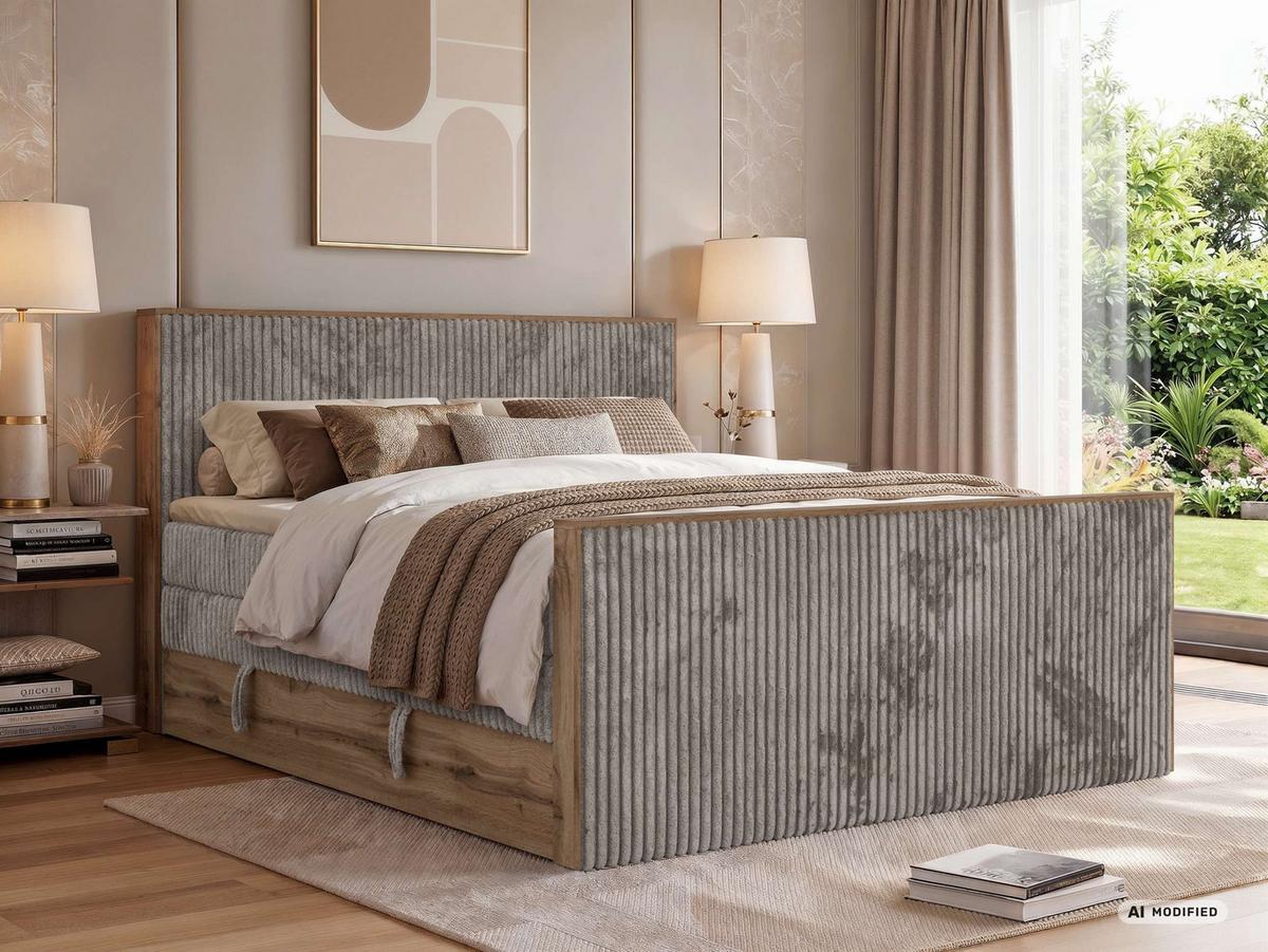 BOXSPRINGBETT WOOD KING DUO 140/200 - Hellbraun Cord - Topper Visco - H4 - Hellbraun/Schwarz, Kunststoff/Textil (140/200cm) - MKS