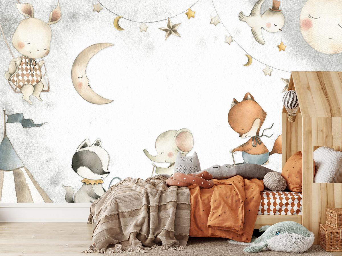 FOTOTAPETE für Kinderzimmer Zirkus Tiere Elefant Fuchs Monde Sterne 100x70 - Gelb/Beige, Papier (100/70cm) - Muralo