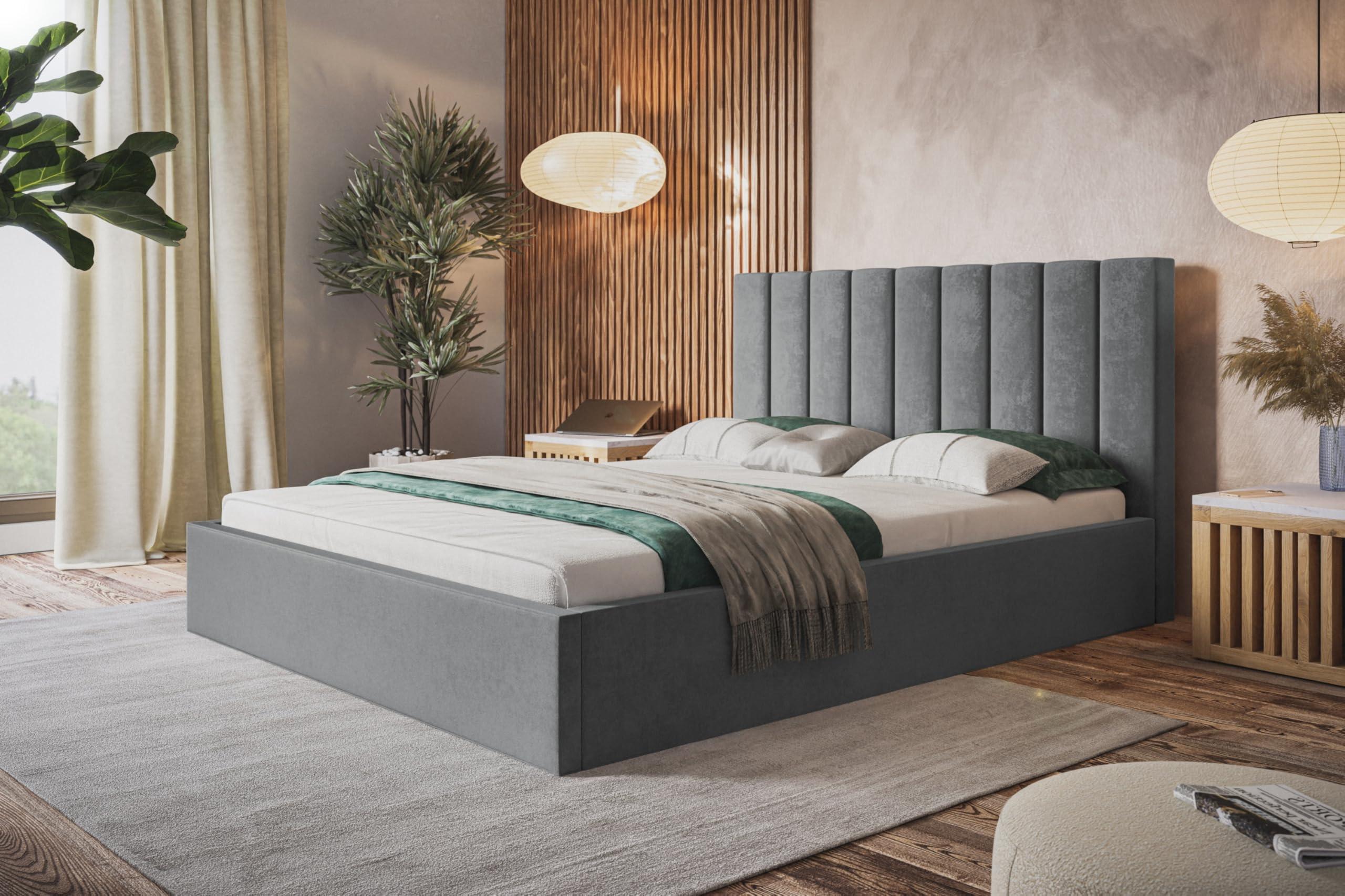 BETT 140x200 - Polsterbett mit Bettkasten und Holzrahmen - Modern Betten - Weicher Jasminstoff - Kollektion Sapporo - Grau - Grau, Holz/Textil (140/200cm) - Alpi-Möbel