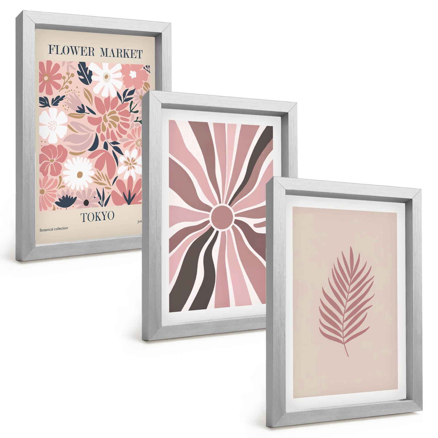 BILDER SET 3er Set - 20x30 cm Silberner Rahmen - Florale Blattmuster und Geometrie - Silberfarben, Kunststoff (20/30cm) - TULUP