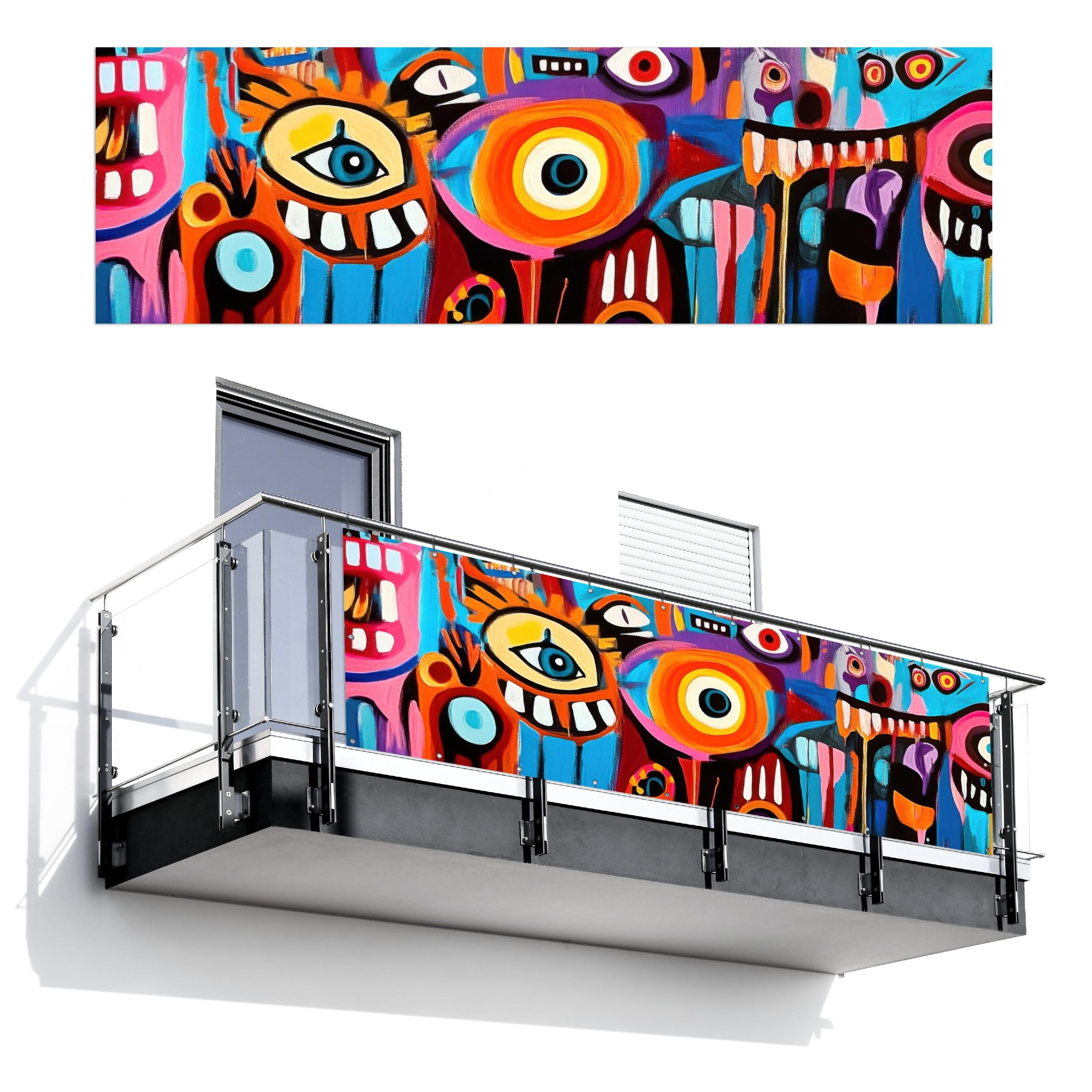 BALKON-SICHTSCHUTZ Abstrakt - Gesicht - Farbenfroh Windschutz 300x95 cm - Multicolor, Kunststoff (300/95cm) - MuchoWow