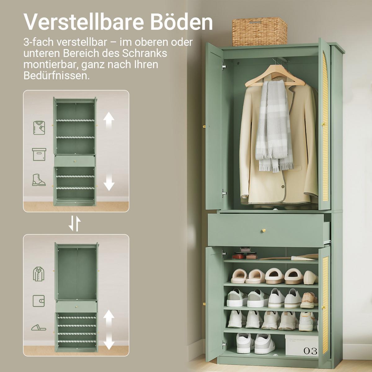 KLEIDERSCHRANK mit 4 Türen, 1 Schublade und 5 verstellbaren Böden, 70x34x180 cm - Grün, Holzwerkstoff (70/180/34cm) - SoBuy