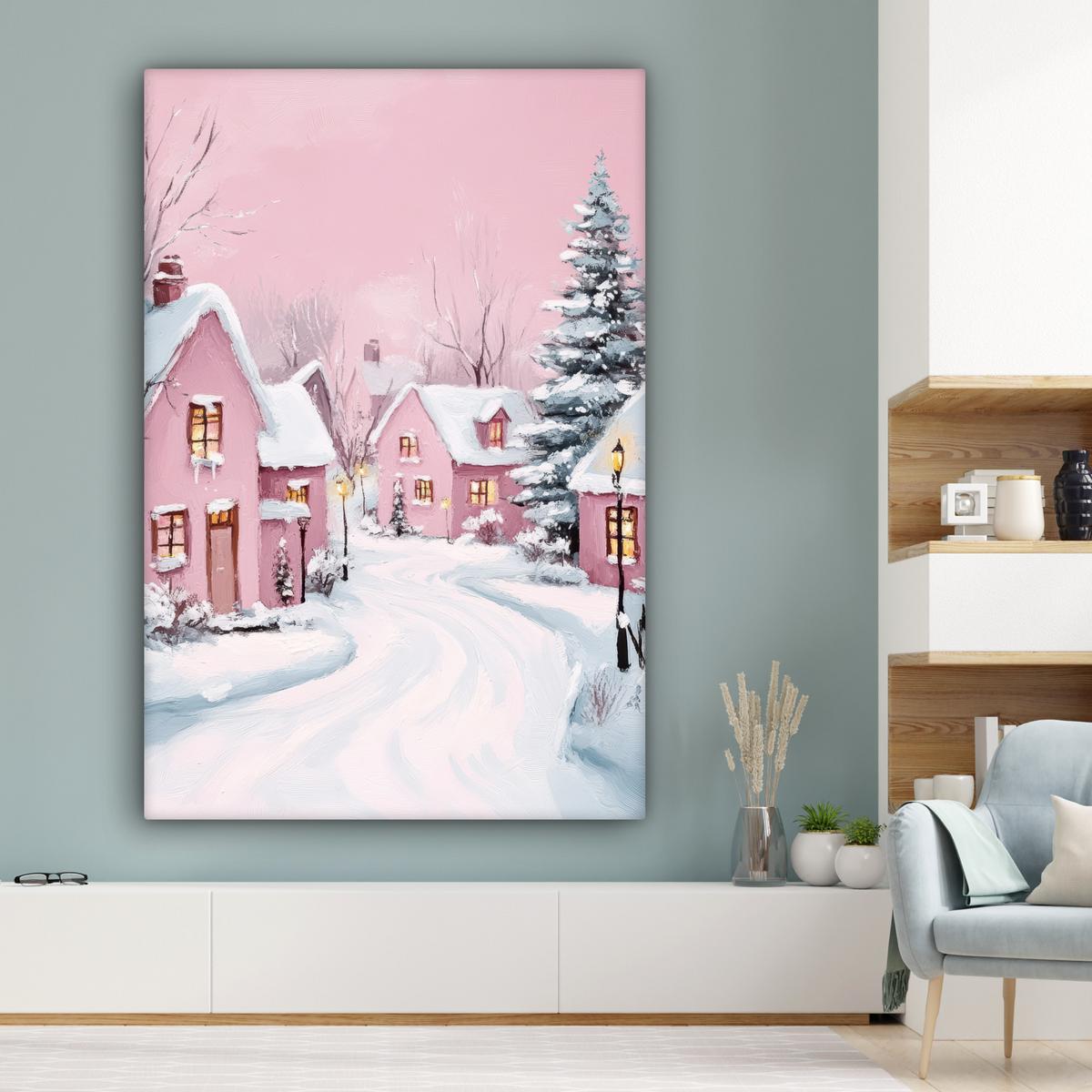 LEINWANDBILD Weihnachtsdorf - Rosa - Winter - Schnee - Häuser Deko Groß 90x140 cm - Altrosa, Textil (90/140cm) - MuchoWow