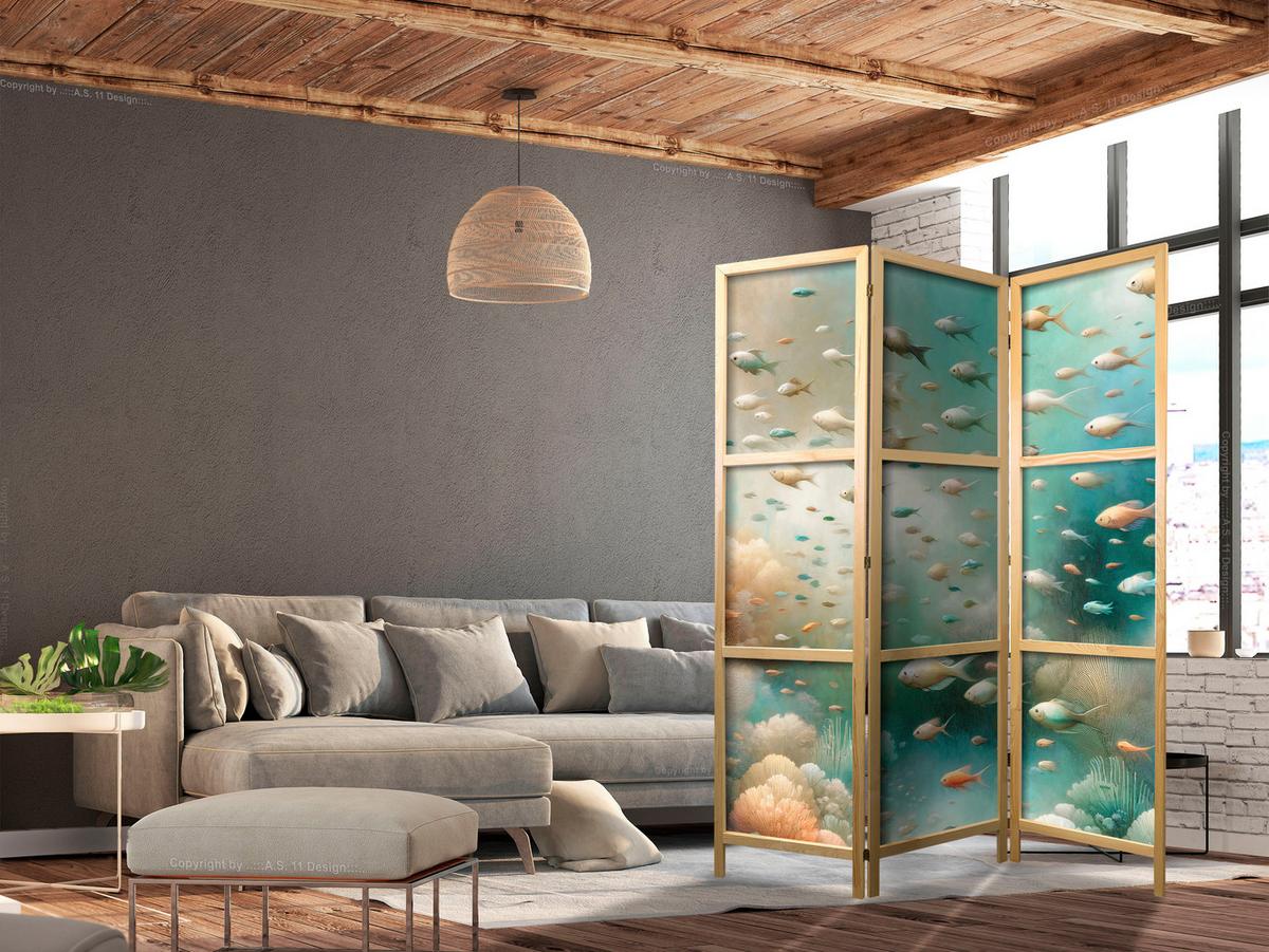 PARAVENT Japanischer 3-tlg 135x172 cm Bunte Fische und Pflanzen - Grün, Holz/Textil (135/172/3cm) - Muralo