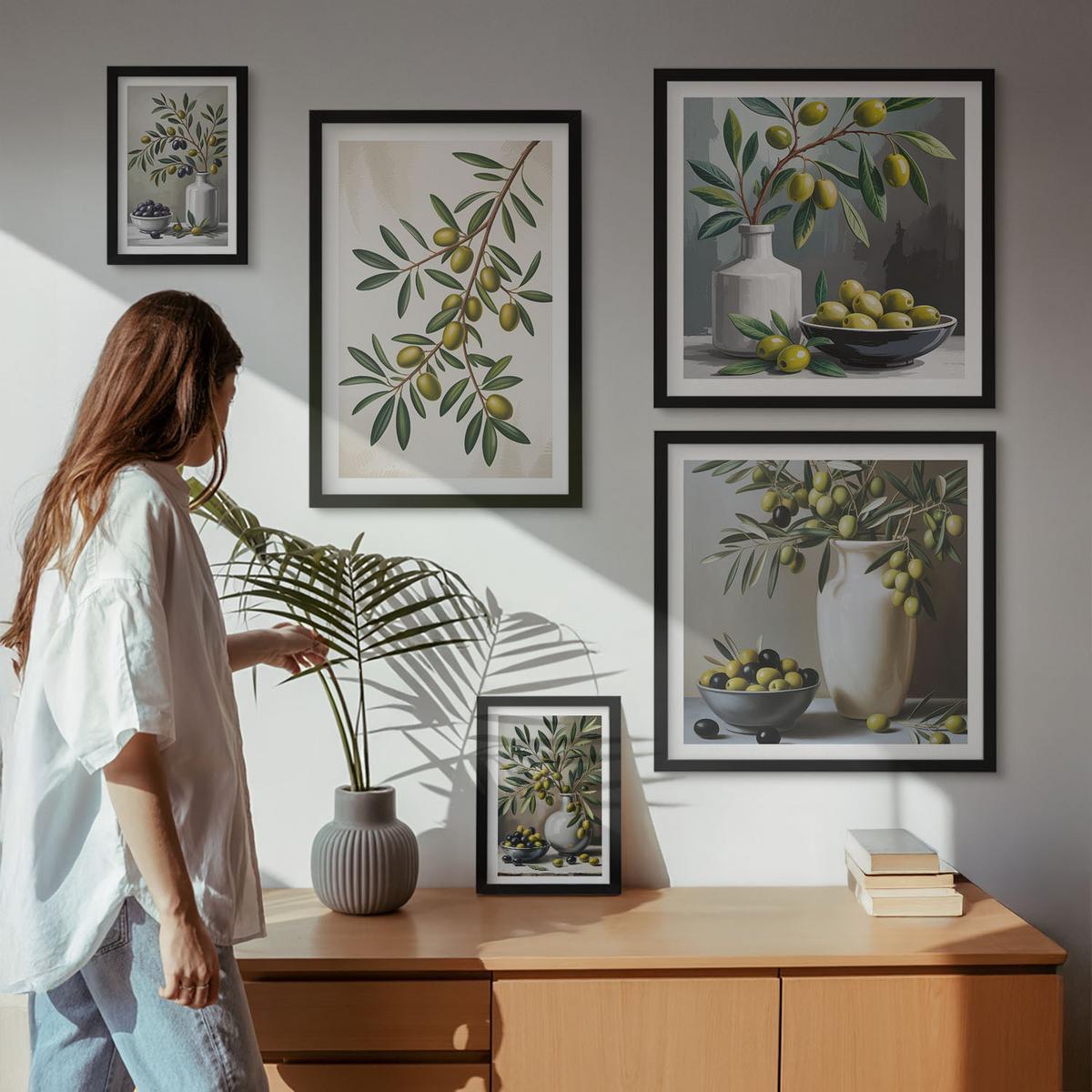 BILDER SET 5er Set - 50x50 cm & 20x30 cm & 40x60 cm Schwarzer Rahmen - Oliven in grauen Vasen - Schwarz, Kunststoff (40/60cm) - TULUP