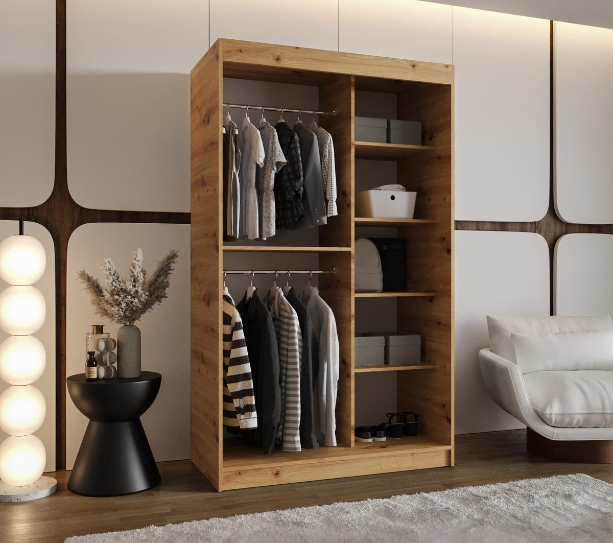 SCHIEBETÜRENSCHRANK mit Spiegel SPOTI 200/120/62 2-türig - Silberfarben/Eiche Artisan, Holz (120/200/62cm) - MÖBEL KRYSPOL