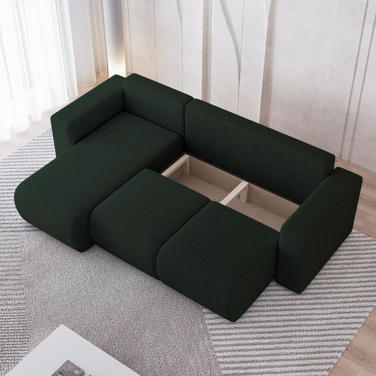 ECKSOFA RINOVA Grün Geflochtener Stoff mit Schlaffunktion - Grün, Holz (250/143cm) - MASSENO