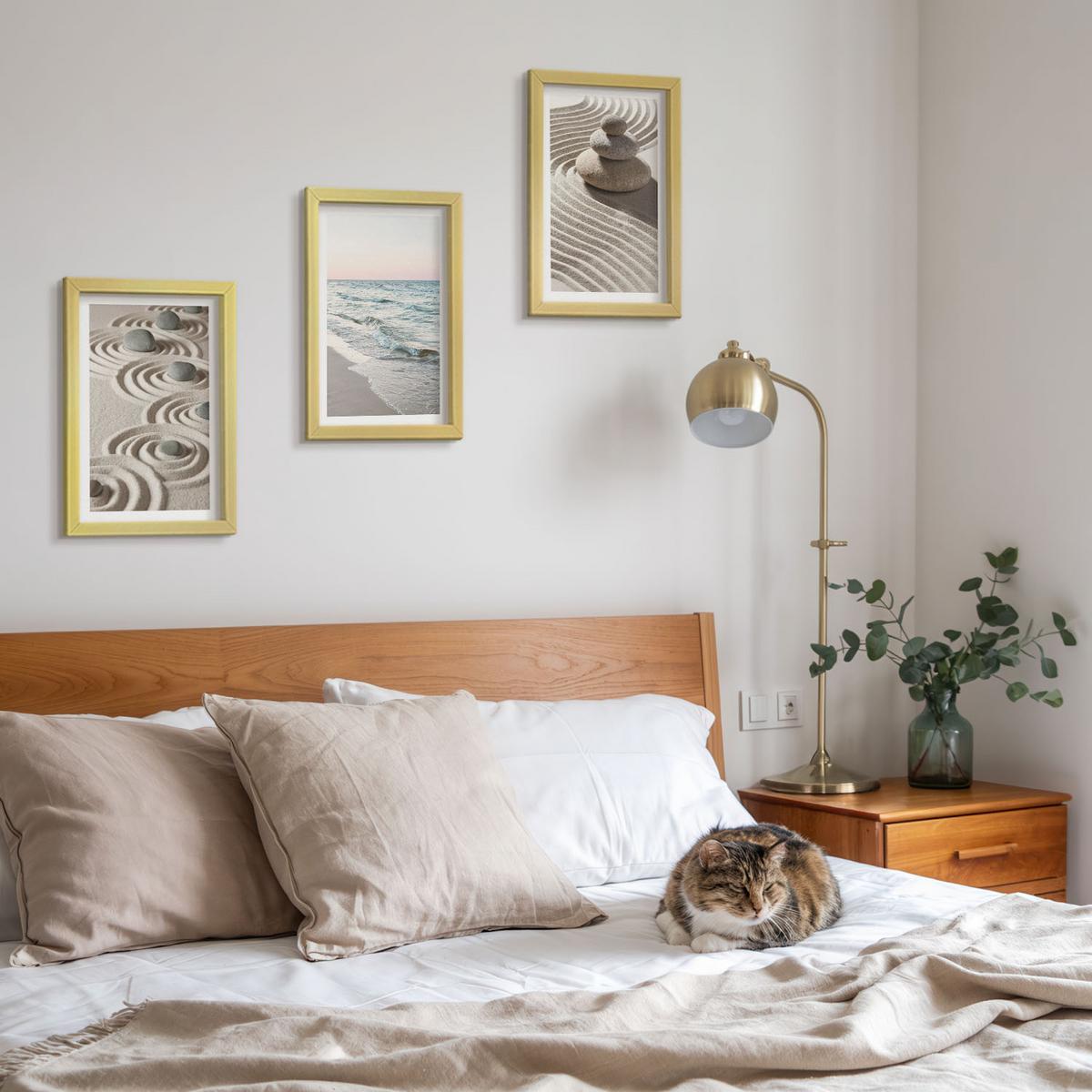 BILDER SET 3er Set - 20x30 cm Goldrahmen - Wellen, Sand, Wasser, Steine, Strand - Goldfarben, Kunststoff (20/30cm) - TULUP