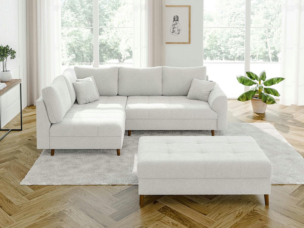 ECKSOFA inkl. Hocker Henrik Weiß Boucle - Ottomane links - Weiß/Braun, Holz/Textil (231/161cm) - S-Style Möbel