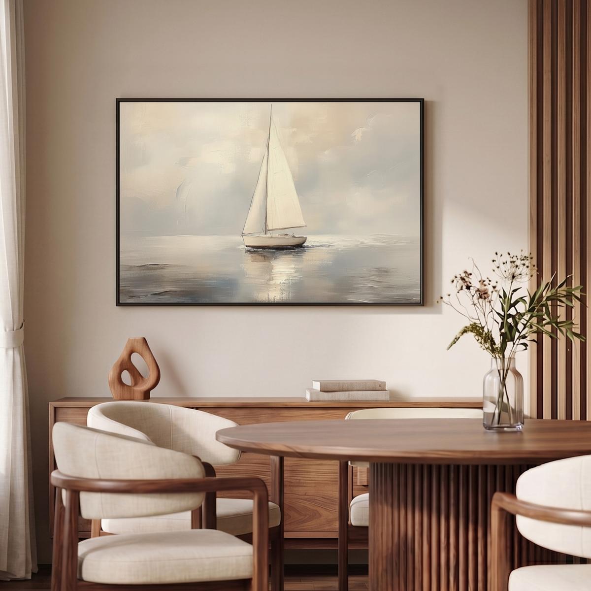 LEINWAND Bilder mit Rahmen - Segelschiff - Meer - Bewölkt - 90x60 - Creme, Textil (90/60cm) - MuchoWow