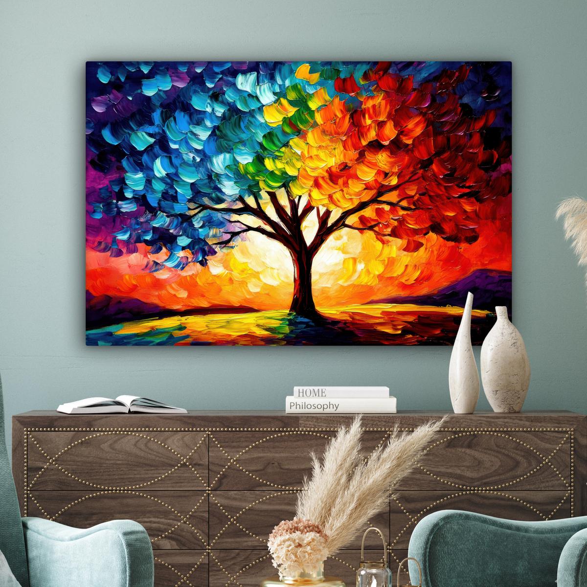 LEINWANDBILD Baum - Kunst - Natur - Sonnenuntergang XXL 150x100 cm - Multicolor, Textil (150/100cm) - MuchoWow